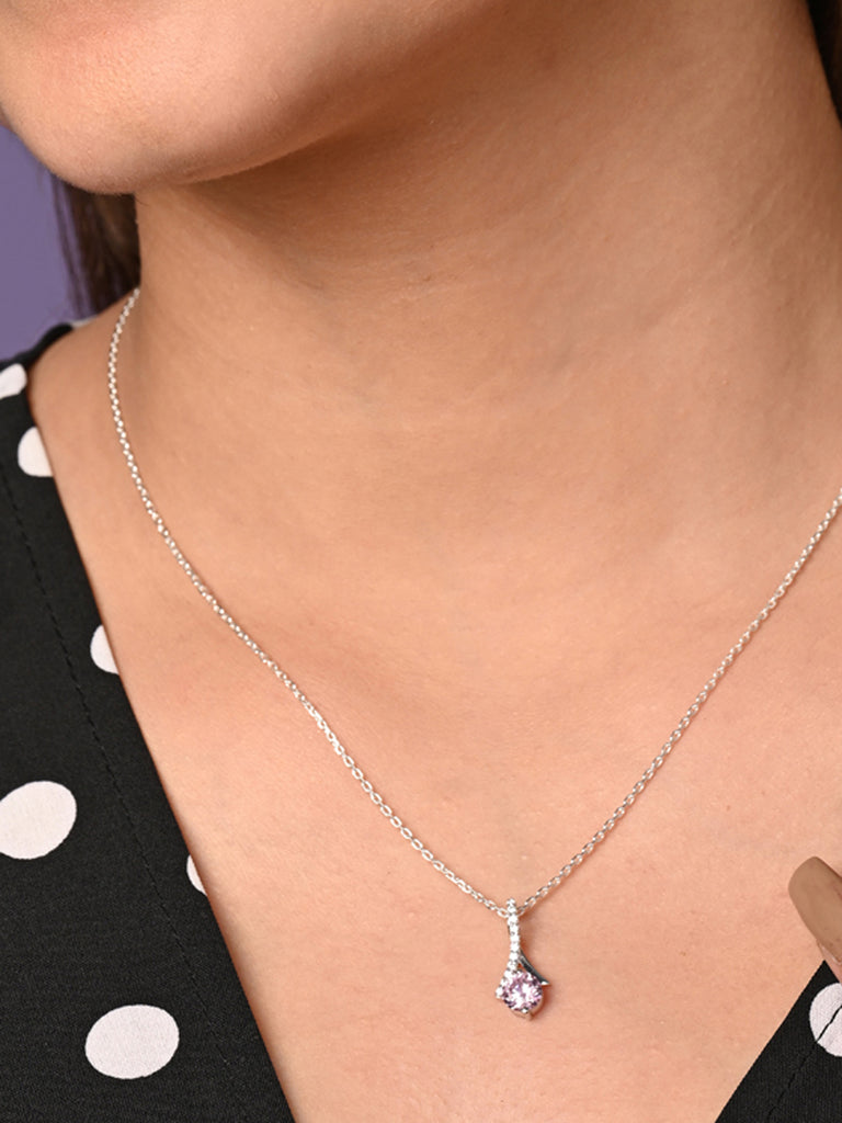 CLARA 925 Sterling Silver Pink Solitaire Pendant Chain Necklace 