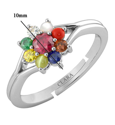 Clara 92.5 Sterling Silver Natural Certified Navaratna Stone Original Nine gems Adjustable Ring for Women and Girls