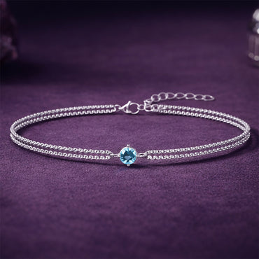 Silver Sky Blue Solitaire Double Chain Bracelet