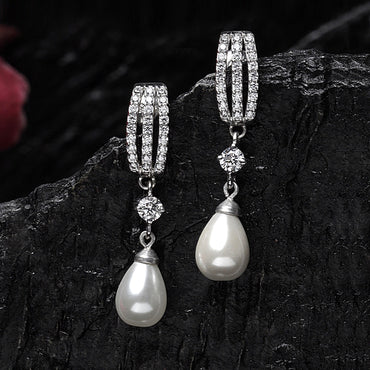 CLARA 925 Sterling Silver Pearl Queen Earrings | Rhodium Plated, Swiss Zirconia, Screw Back | Gift for Women & Girls
