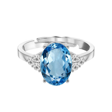 CLARA 925 Sterling Silver Sky Blue Oval Ring with Adjustable Band | Rhodium Plated, Swiss Zirconia | Gift for Women & Girls
