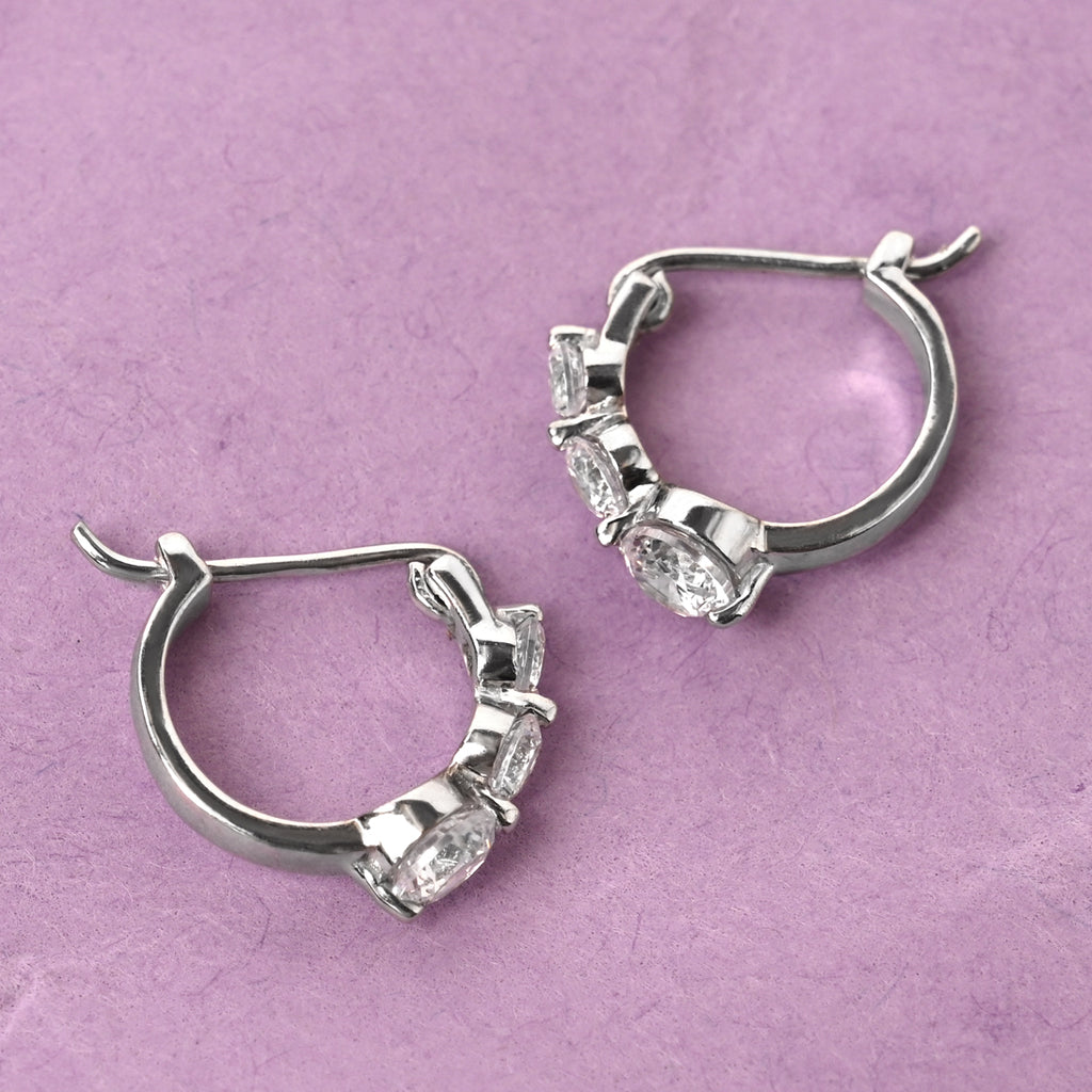 CLARA 925 Sterling Silver 3 stones Hoop and Huggies Bali Earrings 