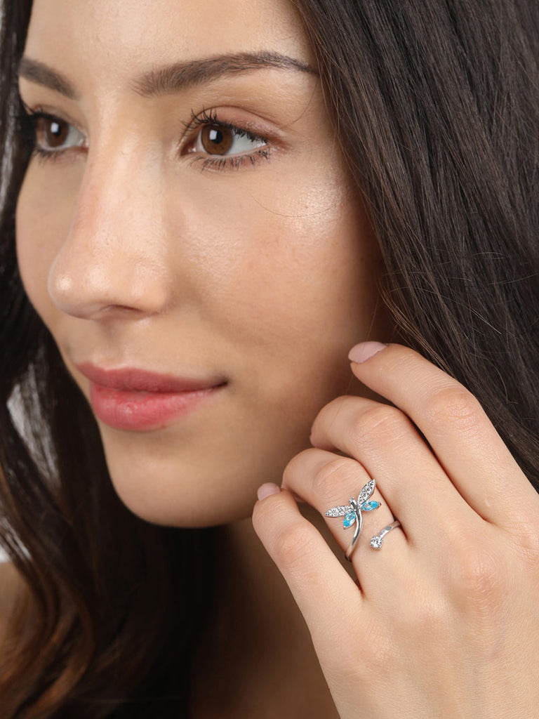 CLARA 925 Sterling Silver Butterfly Open Ring Size Adjustable, Rhodium Plated, Swiss Zirconia Gift for Women & Girls