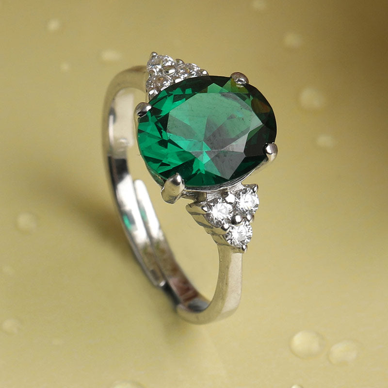 CLARA 925 Sterling Silver Dark Green Oval Ring with Adjustable Band | Rhodium Plated, Swiss Zirconia | Gift for Women & Girls