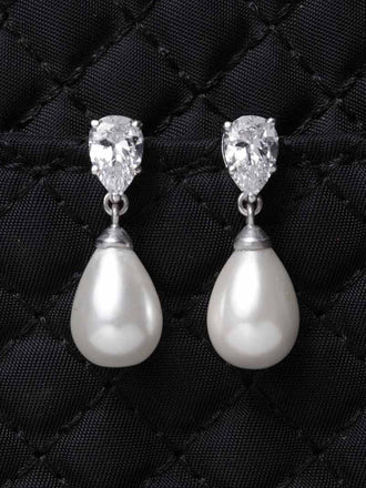 CLARA 925 Sterling Silver Pearl Pear Earrings | Rhodium Plated, Swiss Zirconia , Screw Back | Gift for Women & Girls