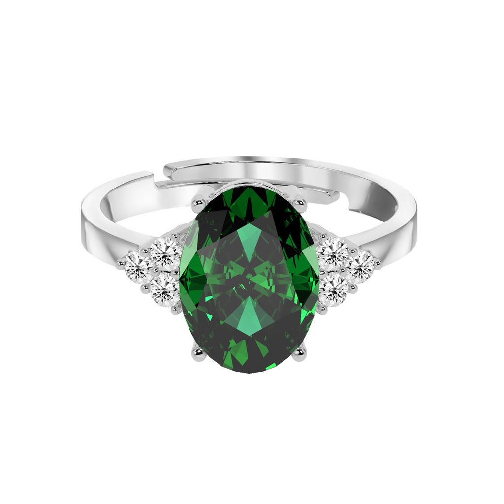 CLARA 925 Sterling Silver Dark Green Oval Ring with Adjustable Band | Rhodium Plated, Swiss Zirconia | Gift for Women & Girls