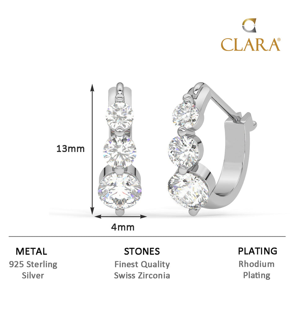 CLARA 925 Sterling Silver 3 stones Hoop and Huggies Bali Earrings 