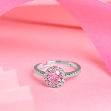 CLARA 925 Sterling Silver Size Adjustable Vega Pink Solitaire Halo Ring 