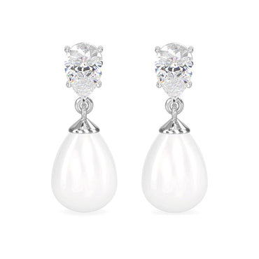CLARA 925 Sterling Silver Pearl Pear Earrings | Rhodium Plated, Swiss Zirconia , Screw Back | Gift for Women & Girls